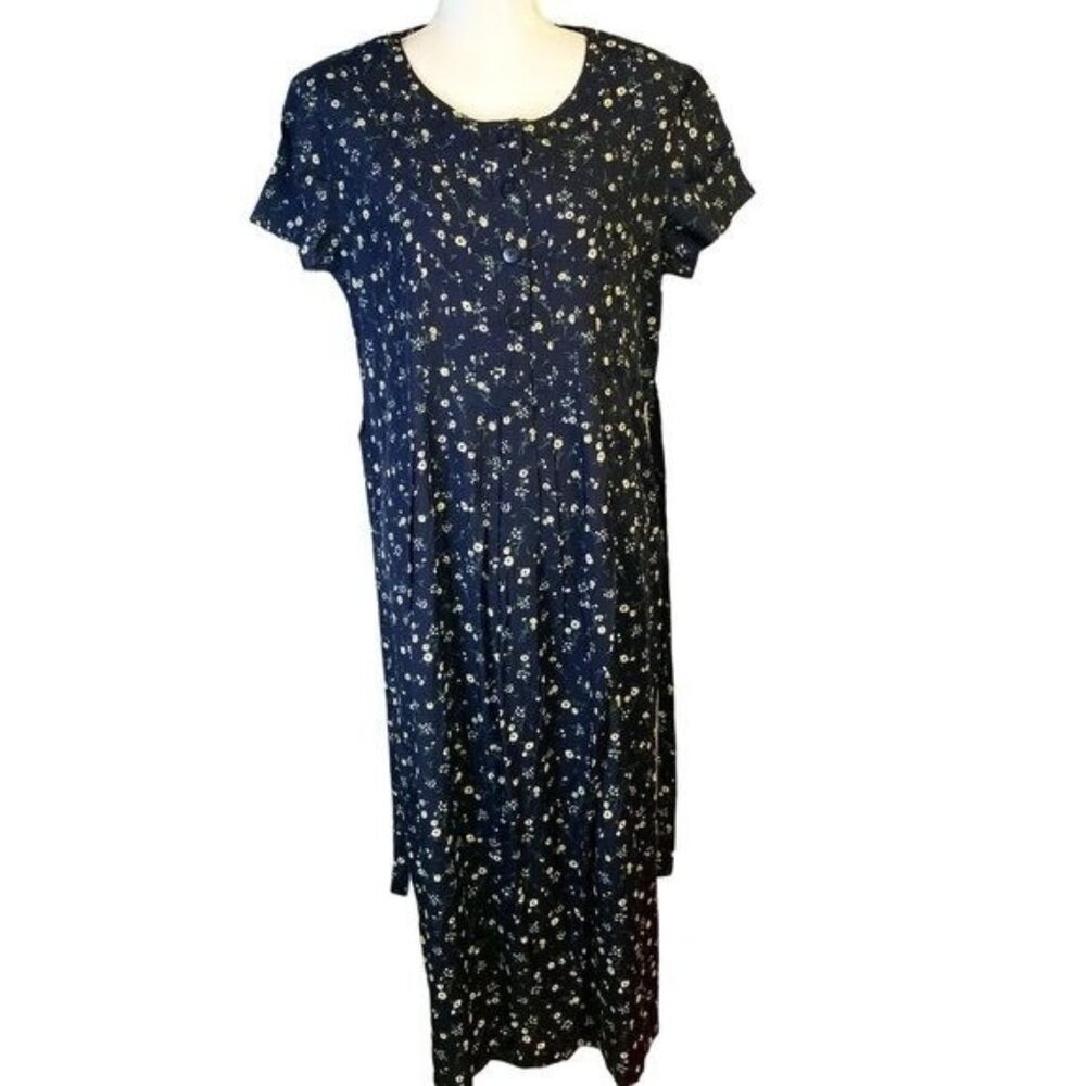 Vintage 1990s Liz Baker Round‎ Neck Short Sleeve Pleated Floral Maxi Dress 12P